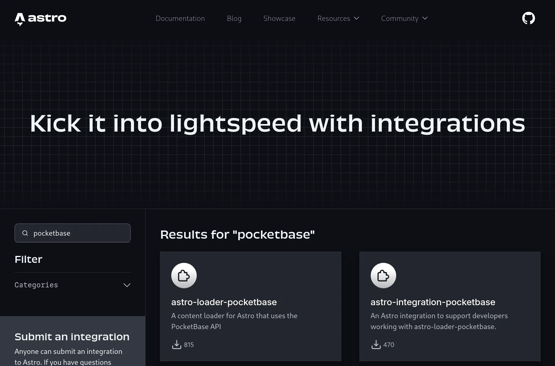 Screenshot of the Astro integration page