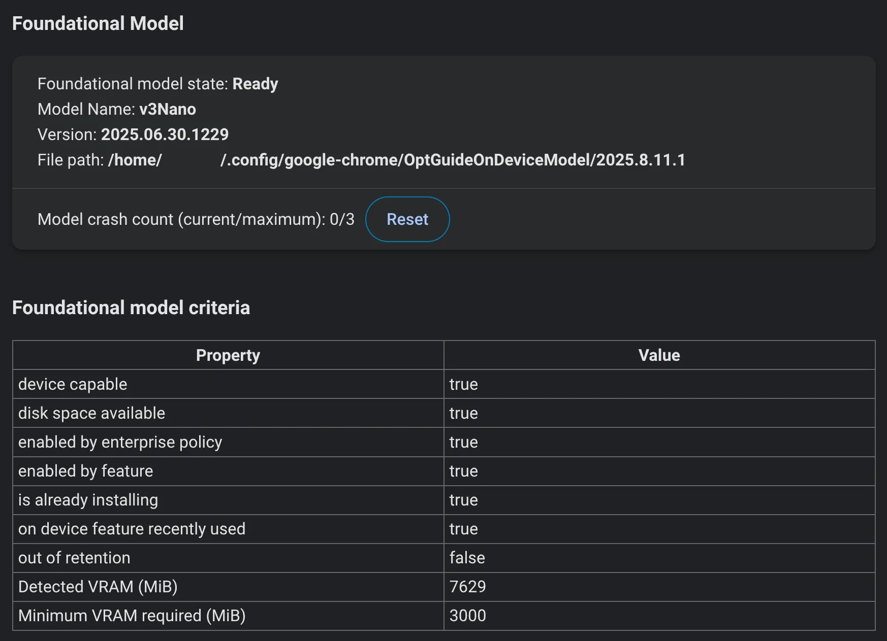 Debugging page showing model information