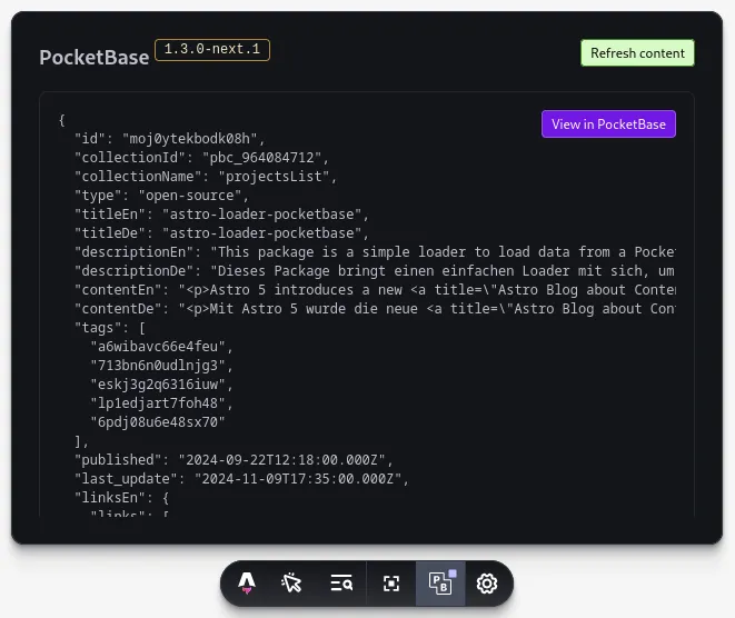Refresh content button in the Astro toolbar