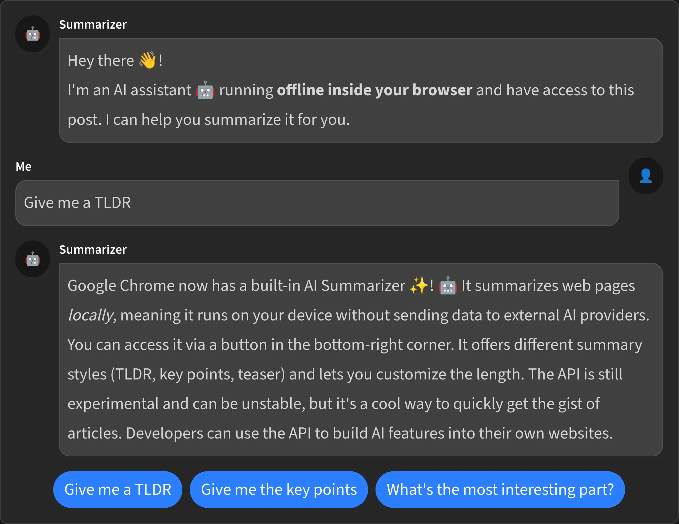 Screenshot of demo summary chat